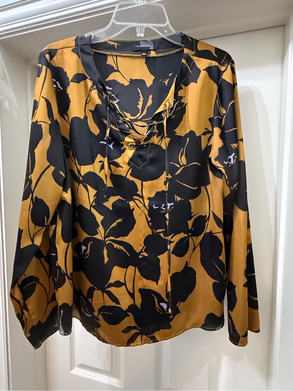 The Limited Mustard and Black Floral Satin Blouse